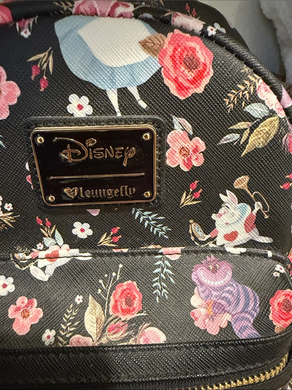 Loungefly Black Floral Disney Mini Alvin’s in Wonder Backpack with Gold Hardware
